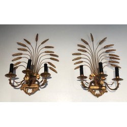 Pair of Gilded Wheat Sheaf Wall Sconces, French Work in the Style of Coco Chanel, Circa 1970