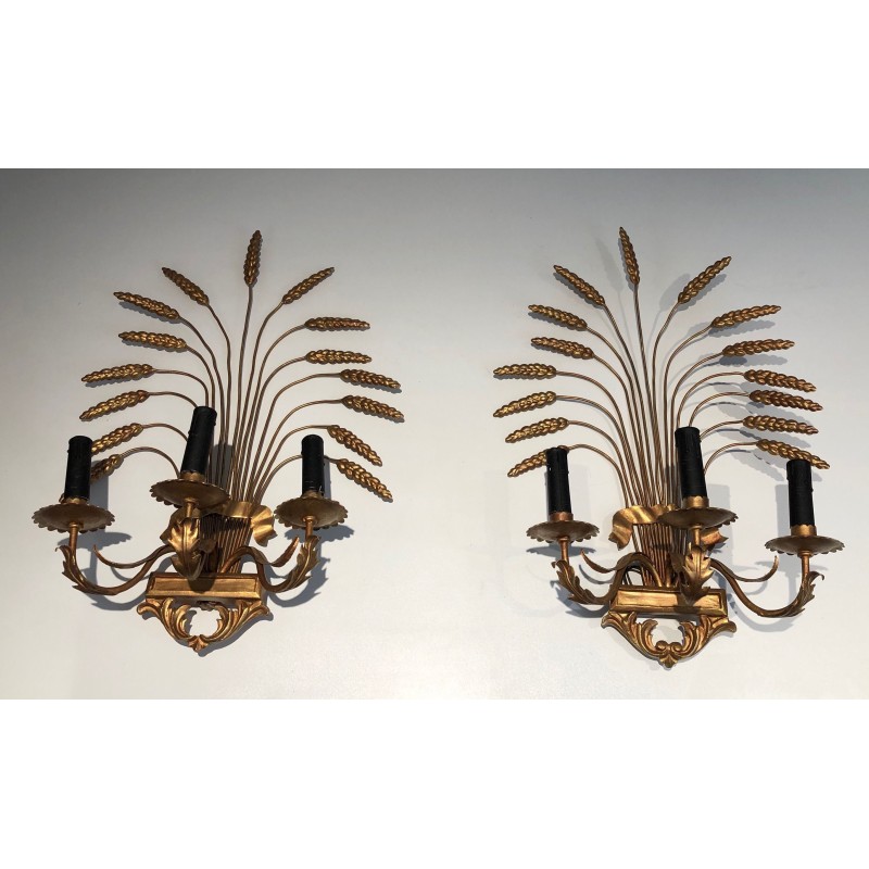 Pair of Gilded Wheat Sheaf Wall Sconces, French Work in the Style of Coco Chanel, Circa 1970