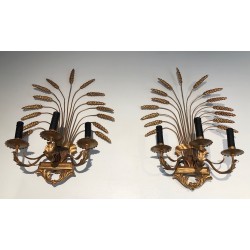 Pair of Gilded Wheat Sheaf Wall Sconces, French Work in the Style of Coco Chanel, Circa 1970