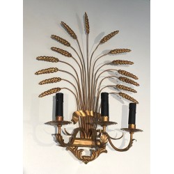 Pair of Gilded Wheat Sheaf Wall Sconces, French Work in the Style of Coco Chanel, Circa 1970