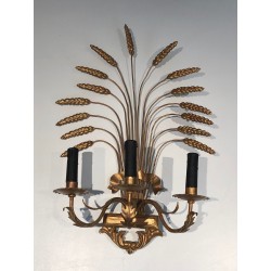 Pair of Gilded Wheat Sheaf Wall Sconces, French Work in the Style of Coco Chanel, Circa 1970