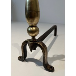 Paire de Chenets de Style Néoclassique en Laiton et Fer Forgé, Travail Français, Vers 1970