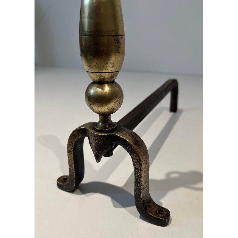 Pair of Neoclassical Style Brass and Wrought Iron Andirons, French Work, Circa 1970