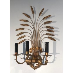 Pair of Gilded Wheat Sheaf Wall Sconces, French Work in the Style of Coco Chanel, Circa 1970