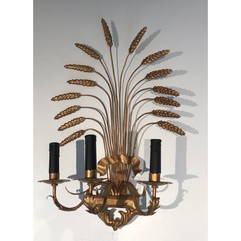 Pair of Gilded Wheat Sheaf Wall Sconces, French Work in the Style of Coco Chanel, Circa 1970