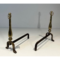 Paire de Chenets de Style Néoclassique en Laiton et Fer Forgé, Travail Français, Vers 1970