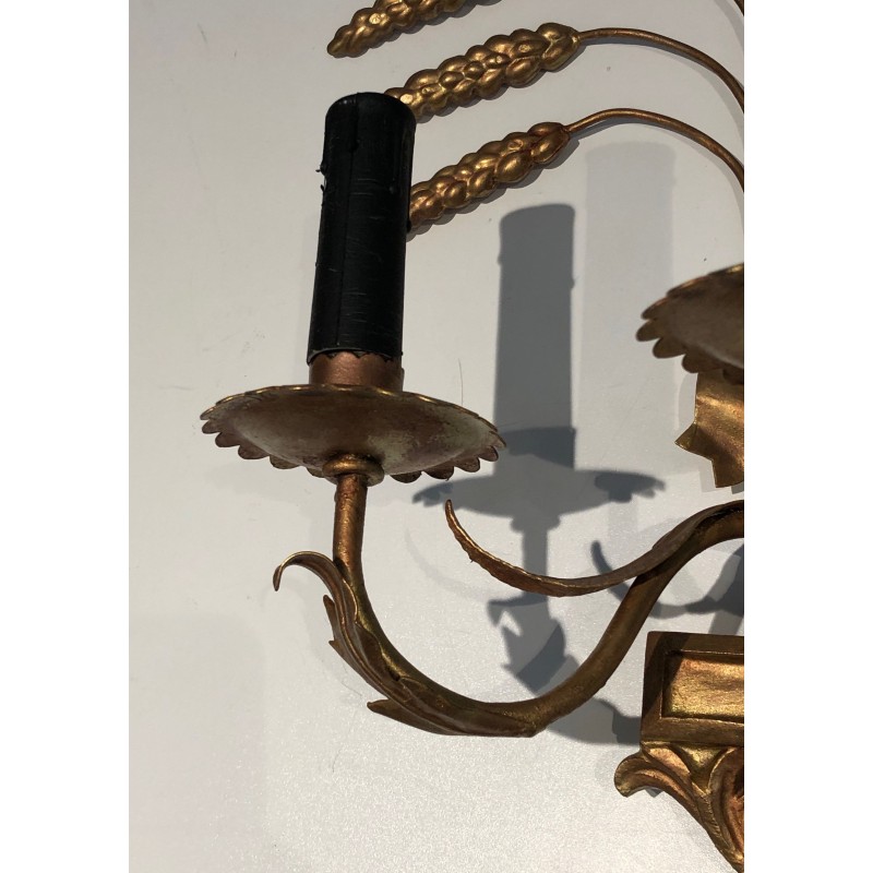 Pair of Gilded Wheat Sheaf Wall Sconces, French Work in the Style of Coco Chanel, Circa 1970