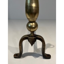 Pair of Neoclassical Style Brass and Wrought Iron Andirons, French Work, Circa 1970