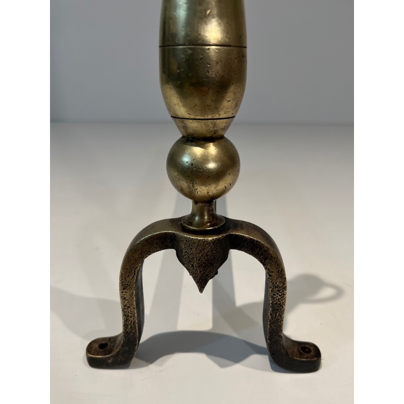 Pair of Neoclassical Style Brass and Wrought Iron Andirons, French Work, Circa 1970