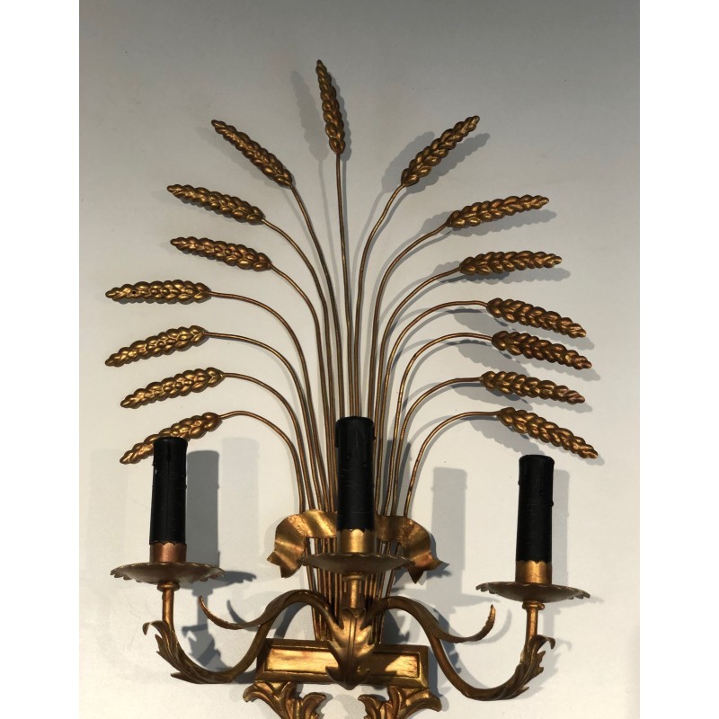 Pair of Gilded Wheat Sheaf Wall Sconces, French Work in the Style of Coco Chanel, Circa 1970