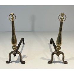 Pair of Neoclassical Style Brass and Wrought Iron Andirons, French Work, Circa 1970