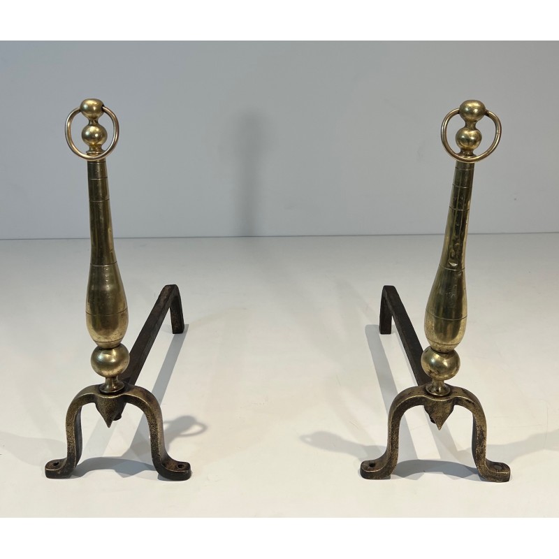 Pair of Neoclassical Style Brass and Wrought Iron Andirons, French Work, Circa 1970