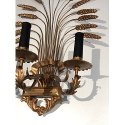 Pair of Gilded Wheat Sheaf Wall Sconces, French Work in the Style of Coco Chanel, Circa 1970