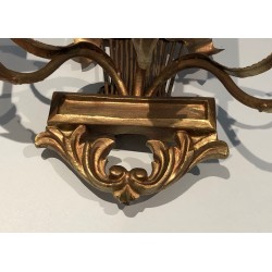 Pair of Gilded Wheat Sheaf Wall Sconces, French Work in the Style of Coco Chanel, Circa 1970