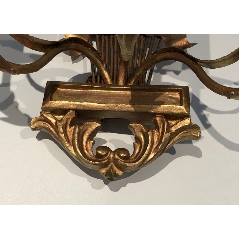 Pair of Gilded Wheat Sheaf Wall Sconces, French Work in the Style of Coco Chanel, Circa 1970