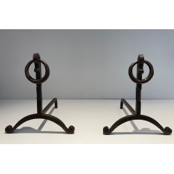 Paire de Chenets en Fer Forgé, Travail Français dans le Goût de Jacques Adnet, Vers 1950