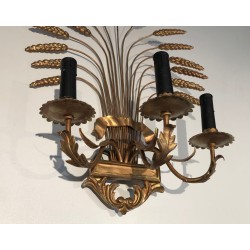Pair of Gilded Wheat Sheaf Wall Sconces, French Work in the Style of Coco Chanel, Circa 1970