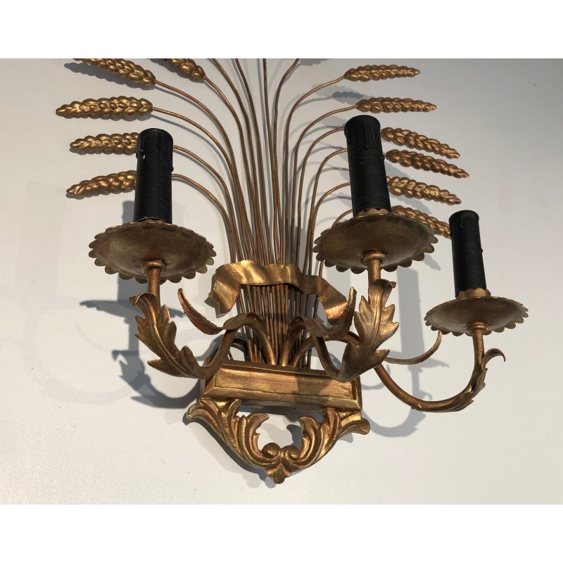 Pair of Gilded Wheat Sheaf Wall Sconces, French Work in the Style of Coco Chanel, Circa 1970