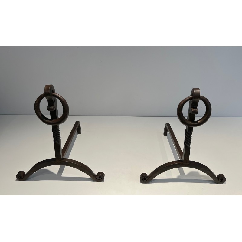 Pair of Wrought Iron Andirons, French Work in the Style of Jacques Adnet, Circa 1950