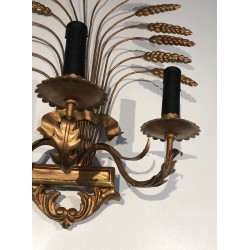 Pair of Gilded Wheat Sheaf Wall Sconces, French Work in the Style of Coco Chanel, Circa 1970