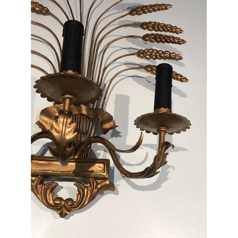 Pair of Gilded Wheat Sheaf Wall Sconces, French Work in the Style of Coco Chanel, Circa 1970