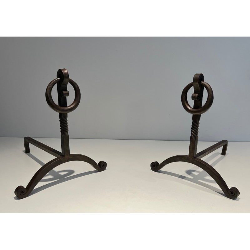Pair of Wrought Iron Andirons, French Work in the Style of Jacques Adnet, Circa 1950