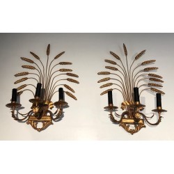 Pair of Gilded Wheat Sheaf Wall Sconces, French Work in the Style of Coco Chanel, Circa 1970