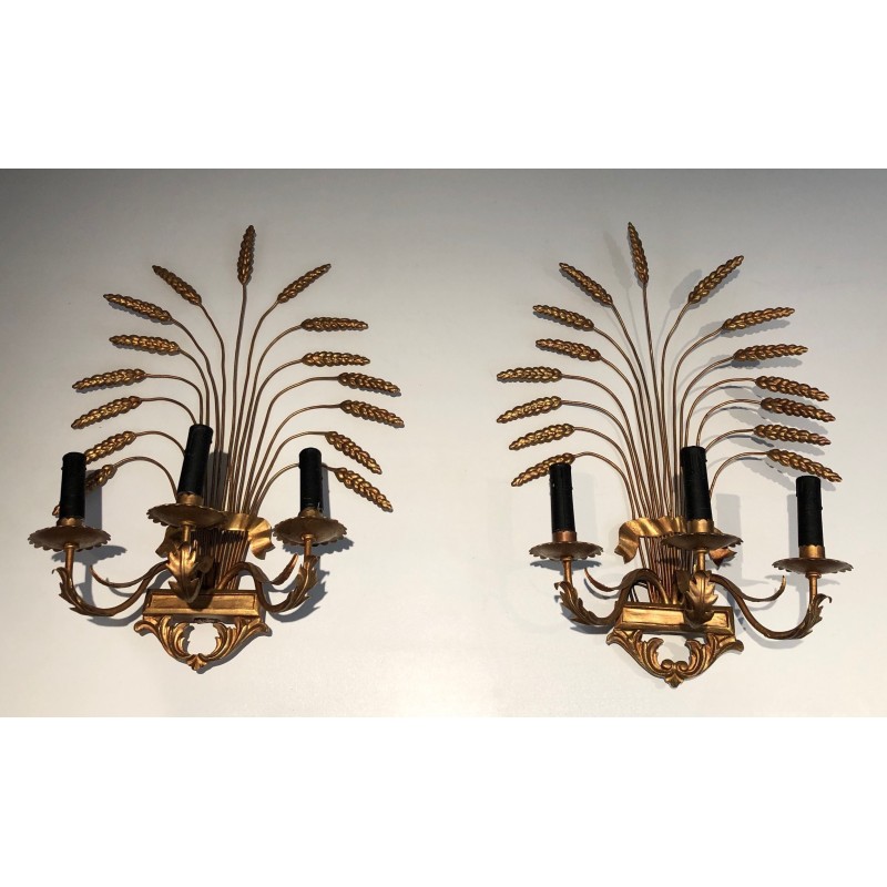 Pair of Gilded Wheat Sheaf Wall Sconces, French Work in the Style of Coco Chanel, Circa 1970
