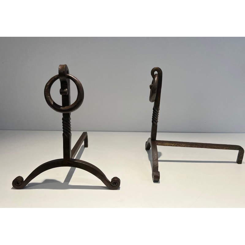 Paire de Chenets en Fer Forgé, Travail Français dans le Goût de Jacques Adnet, Vers 1950