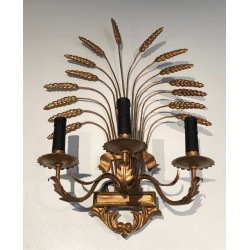 Pair of Gilded Wheat Sheaf Wall Sconces, French Work in the Style of Coco Chanel, Circa 1970