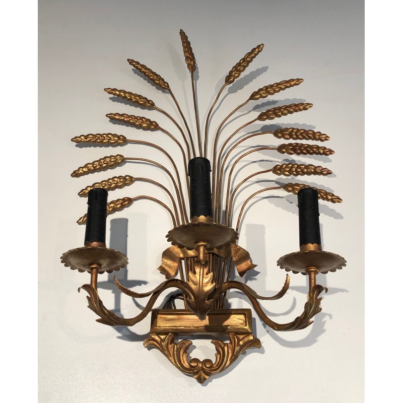Pair of Gilded Wheat Sheaf Wall Sconces, French Work in the Style of Coco Chanel, Circa 1970