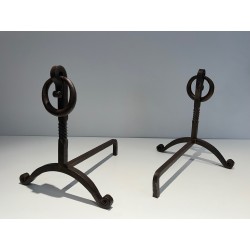 Pair of Wrought Iron Andirons, French Work in the Style of Jacques Adnet, Circa 1950