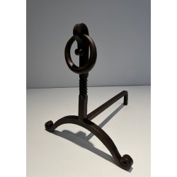 Paire de Chenets en Fer Forgé, Travail Français dans le Goût de Jacques Adnet, Vers 1950