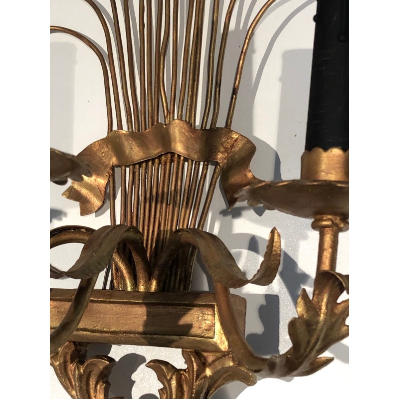 Pair of Gilded Wheat Sheaf Wall Sconces, French Work in the Style of Coco Chanel, Circa 1970