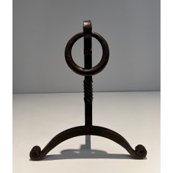 Pair of Wrought Iron Andirons, French Work in the Style of Jacques Adnet, Circa 1950