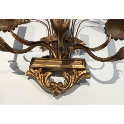 Pair of Gilded Wheat Sheaf Wall Sconces, French Work in the Style of Coco Chanel, Circa 1970