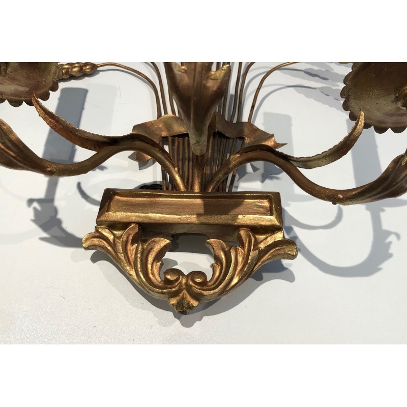 Pair of Gilded Wheat Sheaf Wall Sconces, French Work in the Style of Coco Chanel, Circa 1970