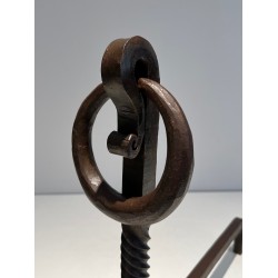 Pair of Wrought Iron Andirons, French Work in the Style of Jacques Adnet, Circa 1950