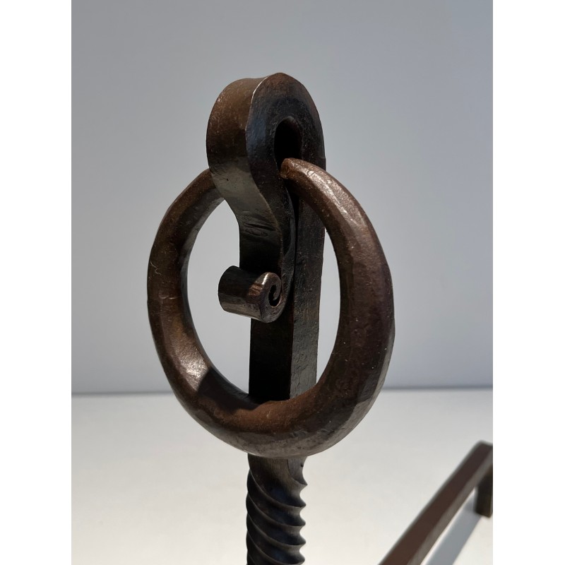 Pair of Wrought Iron Andirons, French Work in the Style of Jacques Adnet, Circa 1950