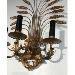 Pair of Gilded Wheat Sheaf Wall Sconces, French Work in the Style of Coco Chanel, Circa 1970