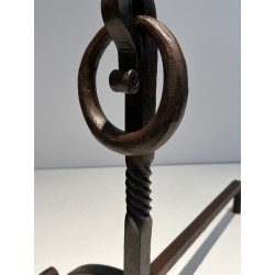 Paire de Chenets en Fer Forgé, Travail Français dans le Goût de Jacques Adnet, Vers 1950