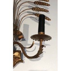 Pair of Gilded Wheat Sheaf Wall Sconces, French Work in the Style of Coco Chanel, Circa 1970
