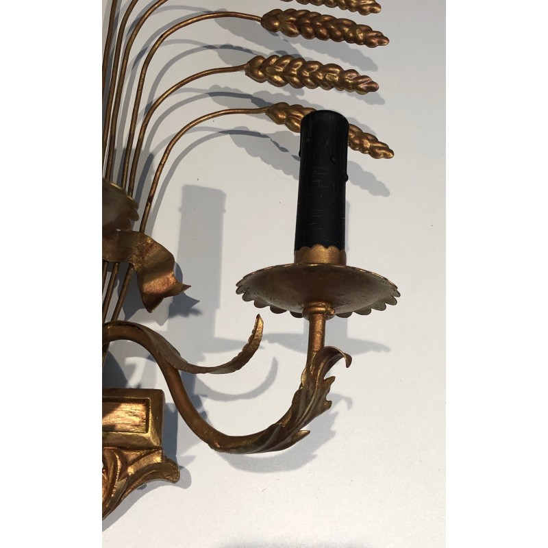 Pair of Gilded Wheat Sheaf Wall Sconces, French Work in the Style of Coco Chanel, Circa 1970