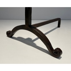 Pair of Wrought Iron Andirons, French Work in the Style of Jacques Adnet, Circa 1950