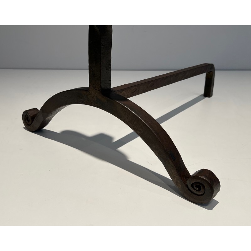 Pair of Wrought Iron Andirons, French Work in the Style of Jacques Adnet, Circa 1950