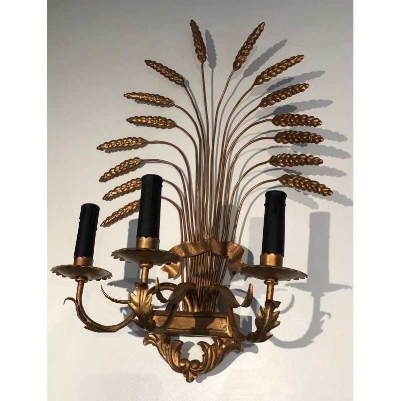 Pair of Gilded Wheat Sheaf Wall Sconces, French Work in the Style of Coco Chanel, Circa 1970