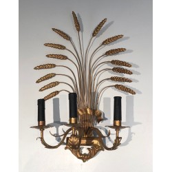 Pair of Gilded Wheat Sheaf Wall Sconces, French Work in the Style of Coco Chanel, Circa 1970