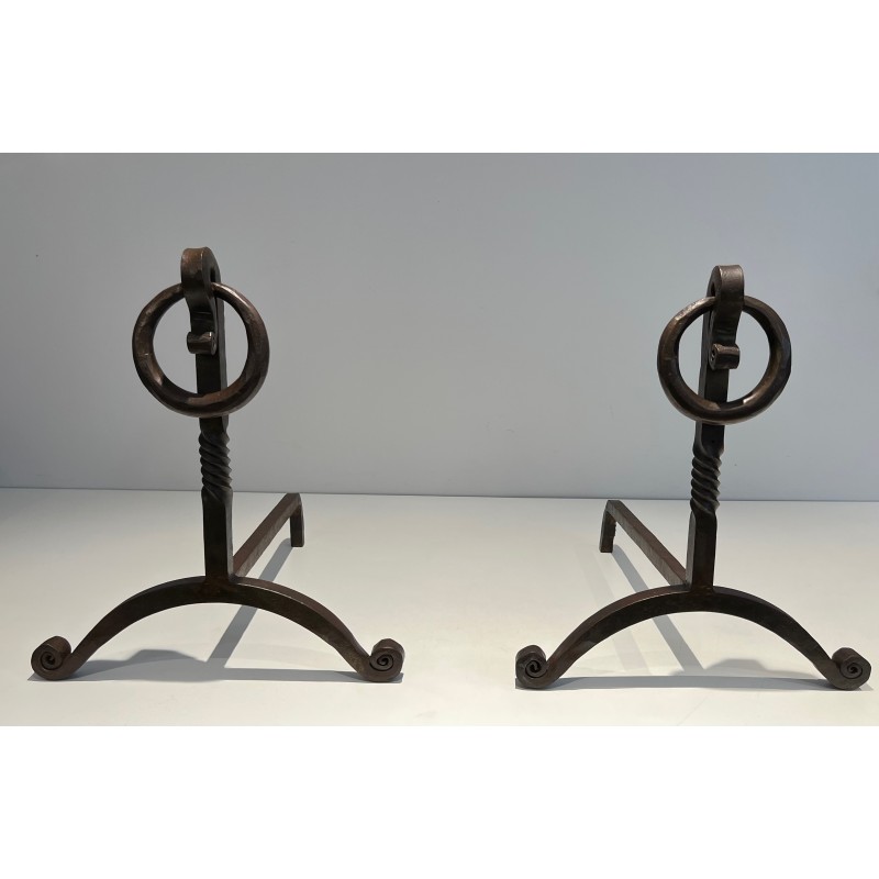 Pair of Wrought Iron Andirons, French Work in the Style of Jacques Adnet, Circa 1950