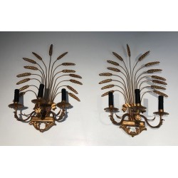 Pair of Gilded Wheat Sheaf Wall Sconces, French Work in the Style of Coco Chanel, Circa 1970