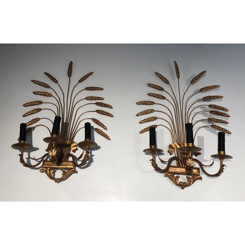Pair of Gilded Wheat Sheaf Wall Sconces, French Work in the Style of Coco Chanel, Circa 1970